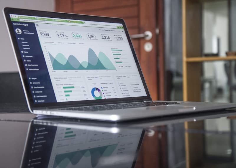 Business analytics and company performance charts on laptop