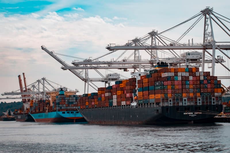 Cargo ships docked at international shipping port